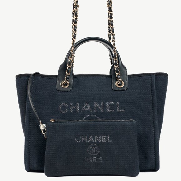 Chanel Small Deauville Black Canvas Logo Shopping Bag - Picture 1 of 16